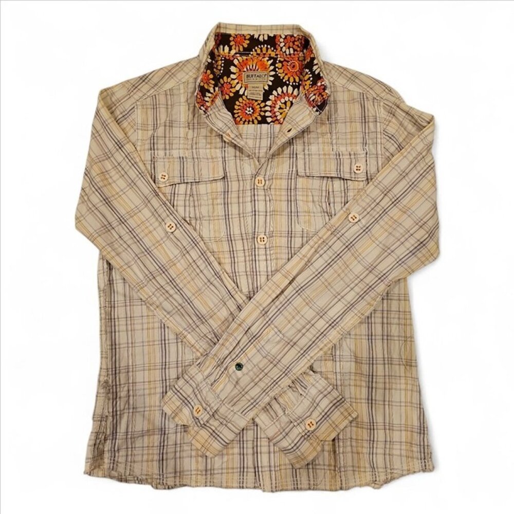 Buffalo David Bitton Plaid Button-Up Shirt M/M Beige & Yellow Cotton Floral Lini